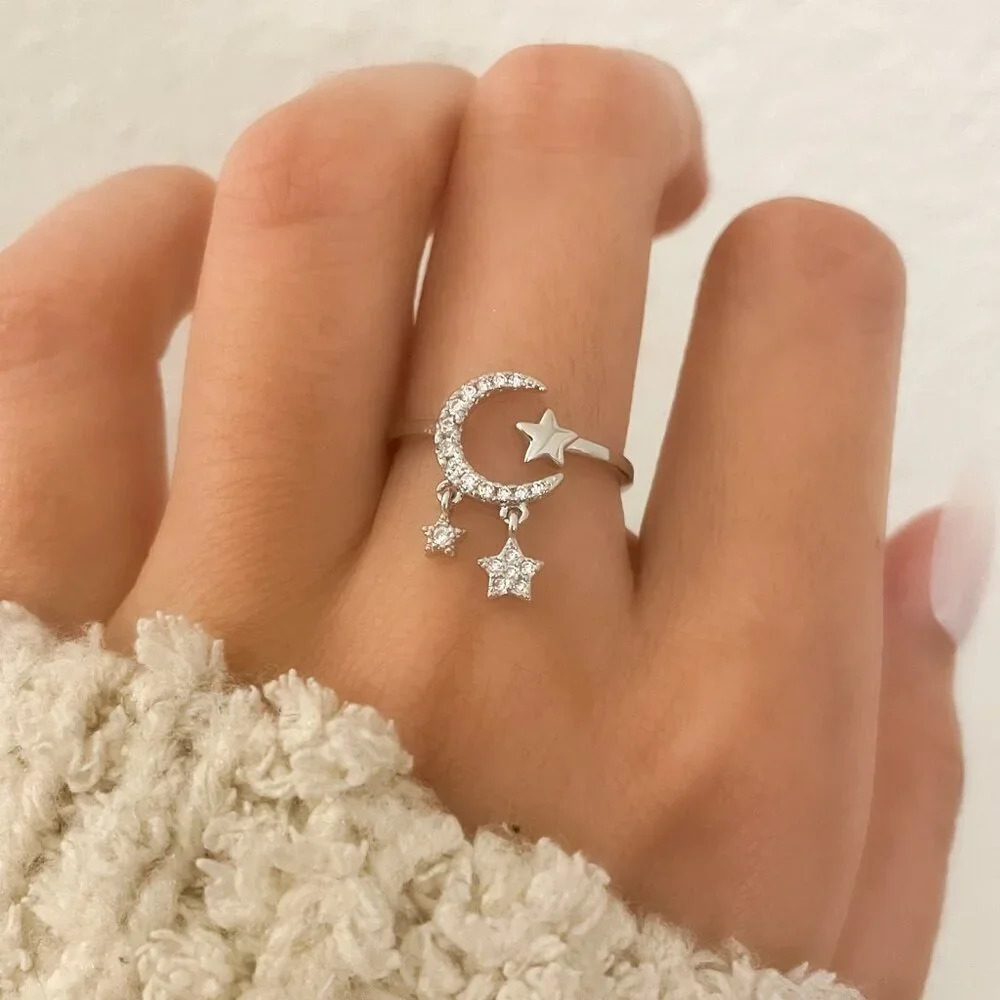 925 Sterling Silver Dangle Moon & Star Ring Dangle Charm Ring Dainty Silver Ring - Picture 2 of 8